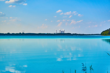 Vessel or ship imitated by fuming electric power store in landscape view