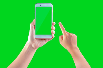 hand holding smart phone with blank screen isolated on white