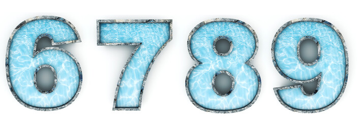 Water numbers 6, 7, 8, 9. Typeface 3d render. Alphabet pool. Path save.