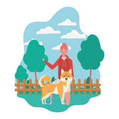 Naklejka premium young woman with cute dog in the field