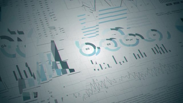 Statistics, financial market data, analysis and reports, numbers and graphs. Loopable animated opening video 4K. Glitch blocks slide effects.