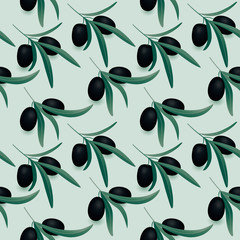 Materiał do szycia Olive vector realistic branch seamless pattern.Black olives branch. 2