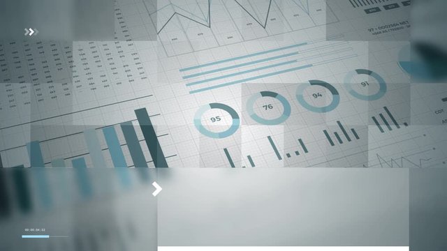 Statistics, financial market data, analysis and reports, numbers and graphs. Loopable animated opening video 4K. Glitch effects.