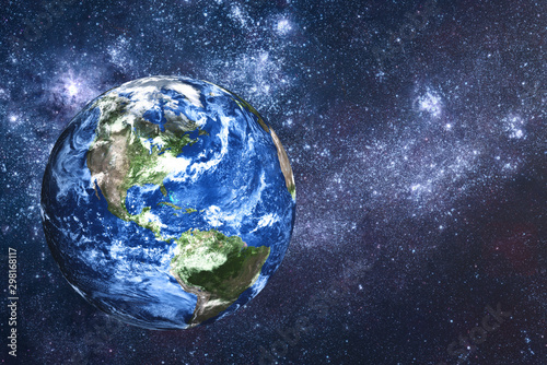 Planet Earth Of Solar System In The Space With Far Galaxy On