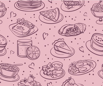 Seamless food and drink food patterns, set of fast food doodles on white, Vector illustration. Ideal for menu or food packaging design, background for web site or social network, homemade food 