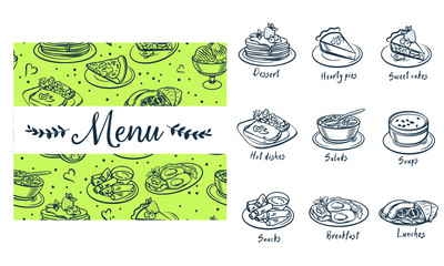 Drawn sketches of food and drinks. Icons and symbols can be used on the website or in the restaurant menu, illustrations for recipes or price pages, Menu food icons handmade chalk on a blackboard