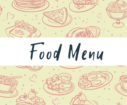 Seamless food and drink food patterns, set of fast food doodles on white, Vector illustration. Ideal for menu or food packaging design, background for web site or social network, homemade food 