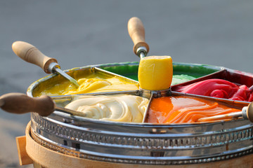 Traditional turkish delicious fruit colorful pasta. Ottoman recipe. Macun.