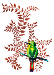 Tropical bird, painted in watercolor. Hand-painted colorful elements. Branch with Golden leaves
