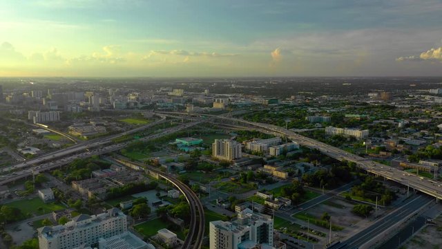 Aerial approach highway interchange Downtown Miami shot with drone 4k