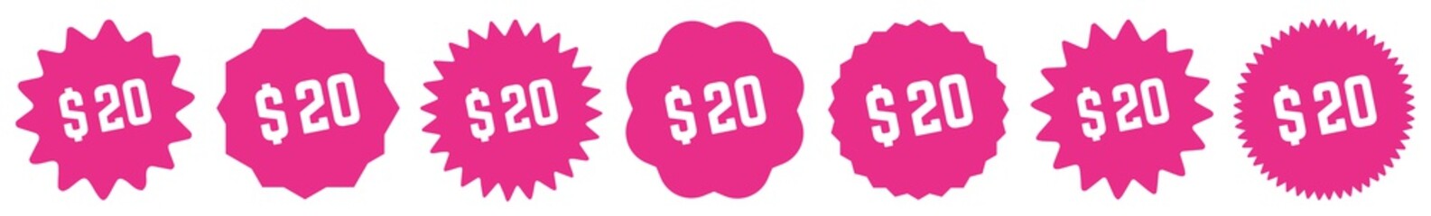 20 Price Tag Pink | 20 Dollar | Special Offer Icon | Sale Sticker | Deal Label | Variations