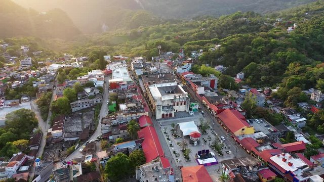 Aerial Drone view of Xilitla in San Luis Potos&iacute;, Mexico.  Sunset over the Church of St. Augustine.