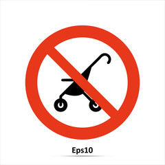 No strollers or push chair, vector illustration. Red prohibition sign. Stop symbol.