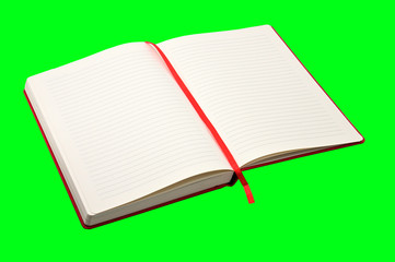 Red notebook on a green background