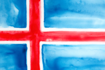 National flag of Iceland. Blue artistic shape with white and red cross inside. Hand painted water color illustration. Bright backdrop for design, print, poster, postcard, souvenir product decoration.