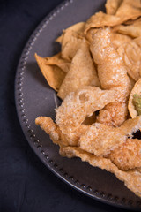 Chicharron plate close up guacamole and salsa, mexican food