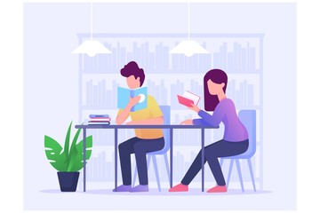 man and women read book on library illustration