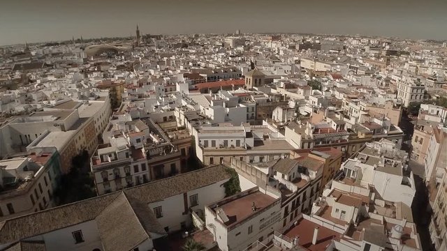 Aerial of old town with beautiful buildings in Seville, Spain. HD