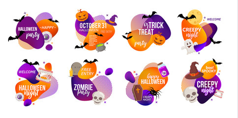 Set of Halloween party labels isolated on white.