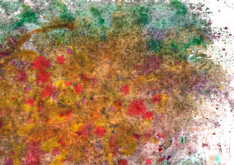 abstract paint textural background with red, orange and green paint lines with spots, gradients, nature on white background