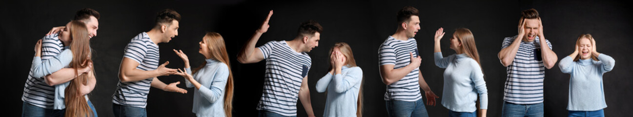 Collage with happy and quarreling couple on dark background