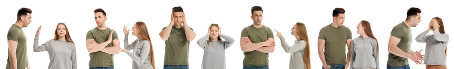 Fototapeta premium Young quarrelling couple on white background
