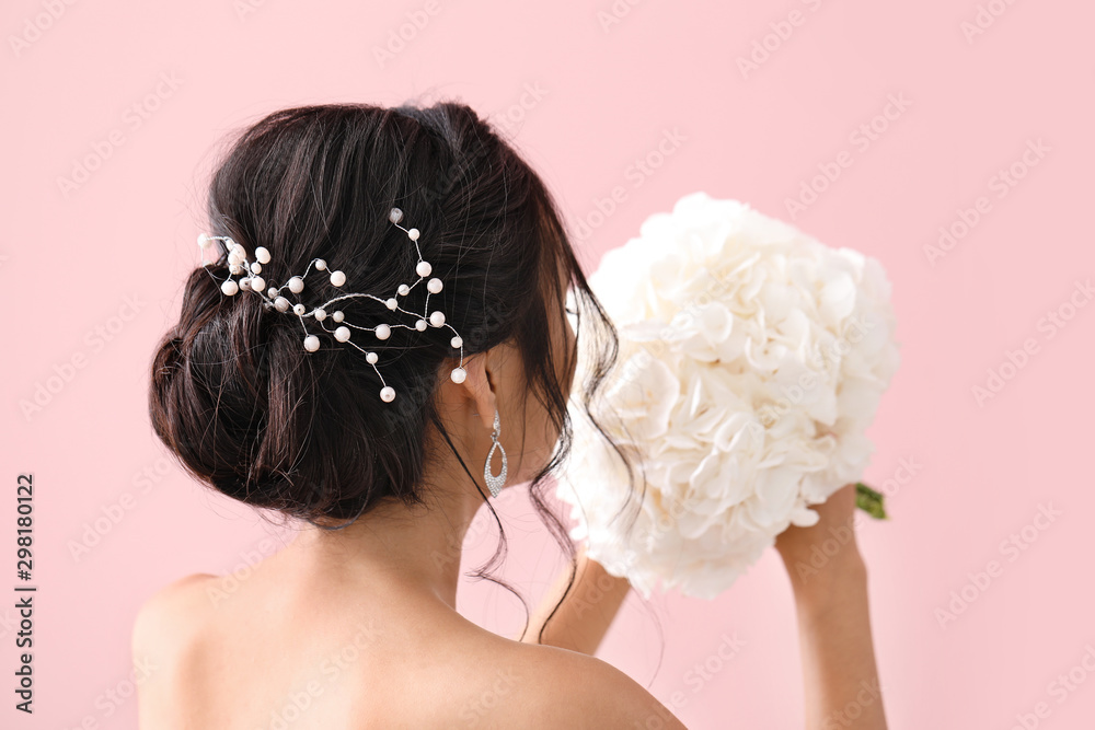 Poster beautiful young asian bride on color background