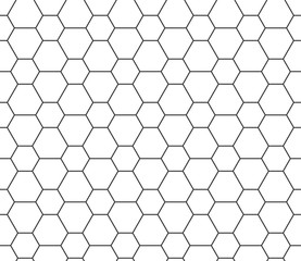 Abstracte naadloze honingraatpatroon, zwart-wit overzicht van zeshoeken van verschillende grootte. Ontwerp geometrische textuur om af te drukken. Lineaire stijl, vectorillustratie