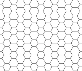 Tapeten Abstraktes nahtloses Wabenmuster, Schwarz-Weiß-Umriss von Sechsecken unterschiedlicher Größe. Entwerfen Sie geometrische Textur für den Druck. Linearer Stil, Vektorillustration © AITTHIPHONG