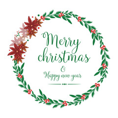 Calligraphy text of merry christmas and happy new year, with element art of red wreath frame. Vector