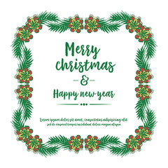 Ornament element of green leafy flower frame, for template of card merry christmas and happy new year. Vector