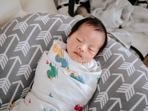 Asian Baby Boy Sleeping On Nursing Pillow