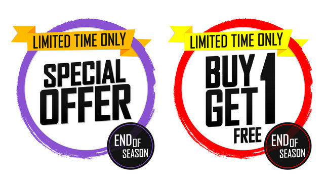Special Offer, Buy 1 Get 1 Free, sale banners design template, grunge brush, discount tags, bogo, end of season, vector illustration