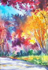 Obraz na płótnie Canvas Watercolor illustration of a beautiful bright fall forest landscape
