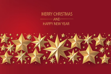 Fototapeta na wymiar Merry Christmas and Happy New Year. Christmas greeting card red background with gold stars.