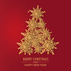 Illustration of Christmas tree made by gold snowflake in red background. Merry Christmas and Happy New Year.