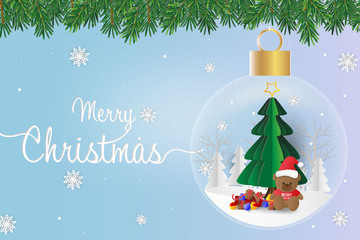 Merry Christmas and Happy New Year. Illustration of Christmas tree branches and Bear with Christmas tree in Christmas ball.