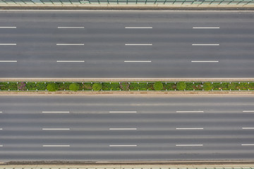 Aerial view of wide urban road top view