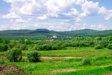 Beautiful summer landscape with a village in the distance. Buildings near the forest.