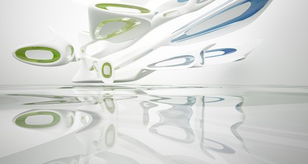 Abstract smooth architectural white interior with color gradient glass sculpture with water and  large windows. 3D illustration and rendering.