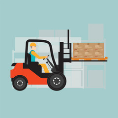 Forklift in warehouse isolated on background.