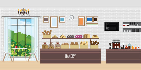 Interior of modern bakery shop with display counter .