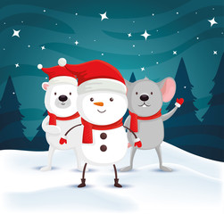 snowman with polar bear and mouse in winter landscape vector illustration design