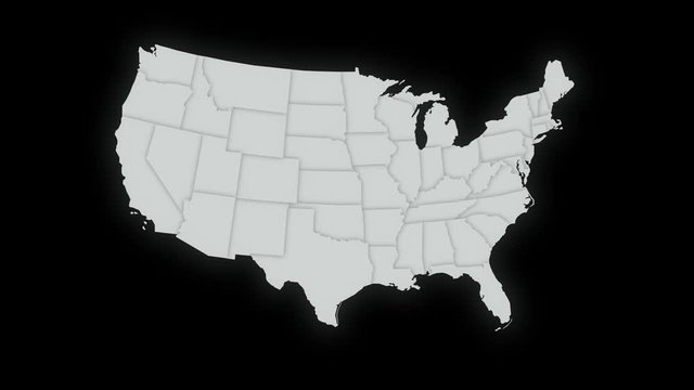 Map of United States of America showing different states. Animated usa contiguous lower 48 u.s. state map on an isolated black background for lighten overlay. 4K animation