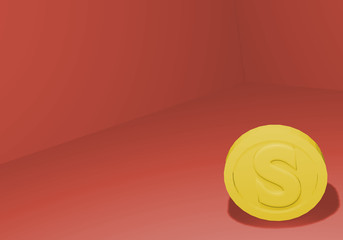3d one yellow gold coin in red room corner red background with chadow . 3D render