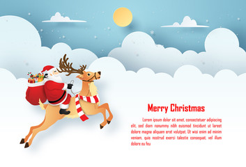 Origami Paper art of Christmas postcard Santa Claus and reindeer on the sky with copy space, Merry Christmas and Happy New Year