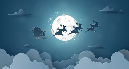Origami Paper art of Santa Claus and reindeer flying on the sky with full moon, Merry Christmas and Happy New Year