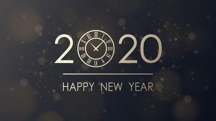 Naklejka premium Golden happy new year 2020 and clock face with glitter on black color background