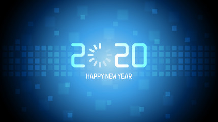 Happy new year 2020 with loading icon on abstract technology blue color background