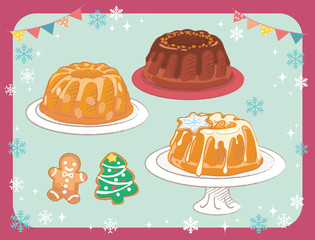 Bundt cakes and decorated cookies. Christmas pastry set. Vector illustration.